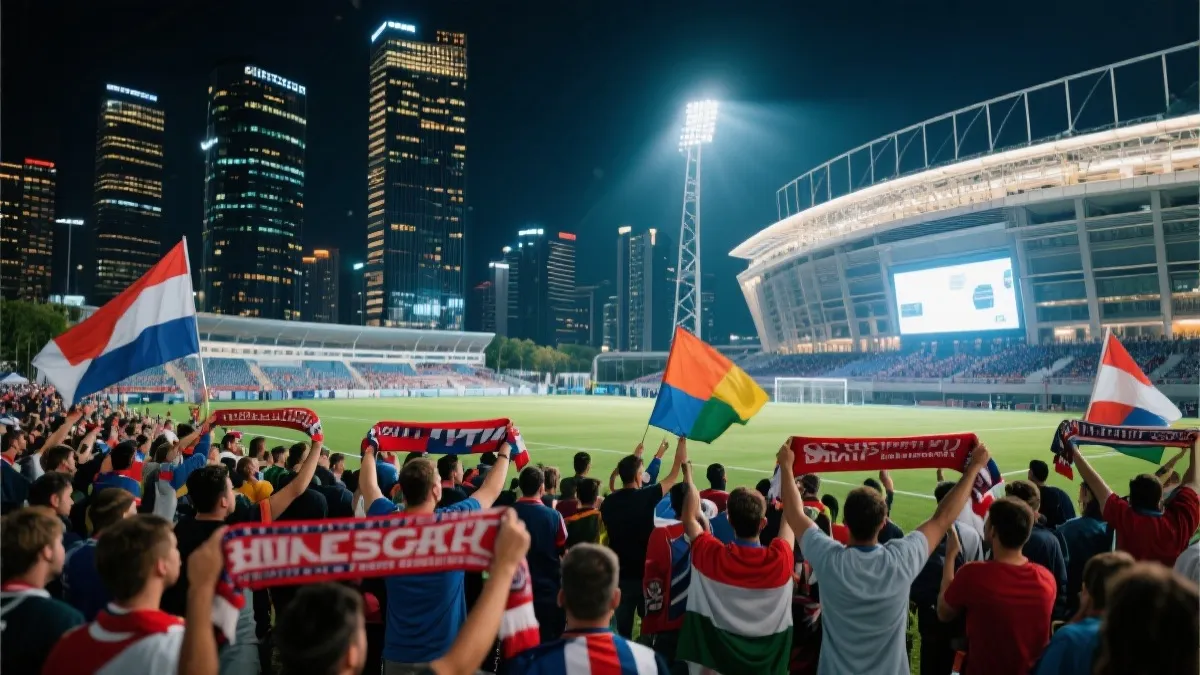 城市球场内外聚集的球迷与城市景观结合的广角画面