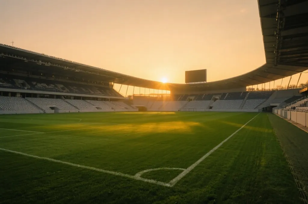 A modern empty soccer stadium at sunset with warm golden light reflecting on the green grass